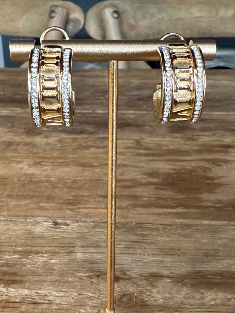 Vintage Gold-Tone Roman Numeral Crystal Rhinestone Hoop Earrings